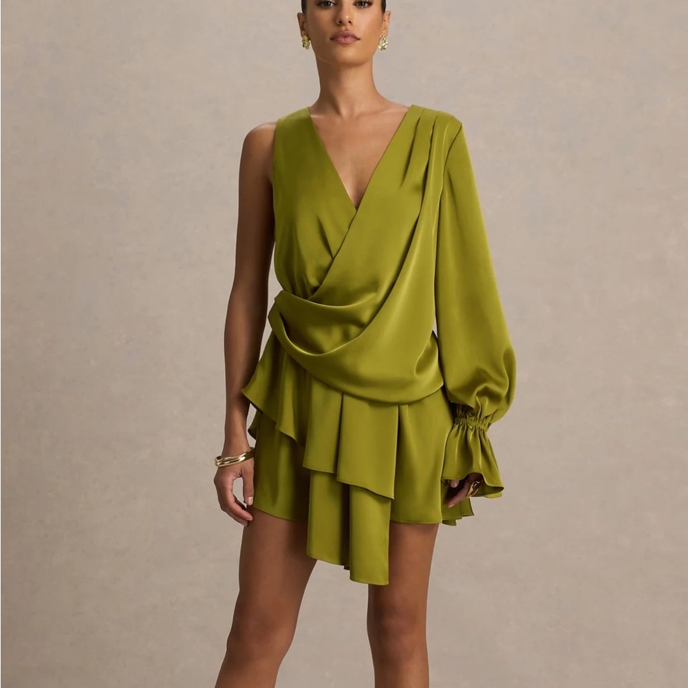 Club L London Olive Satin Dress size medium/ 8 cocktail dress